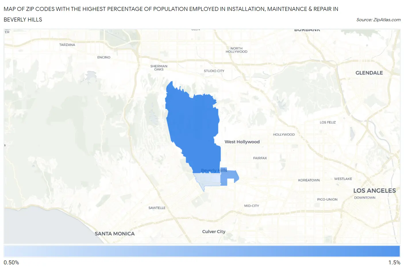 Zip Codes with the Highest Percentage of Population Employed in Installation, Maintenance & Repair in Beverly Hills Map