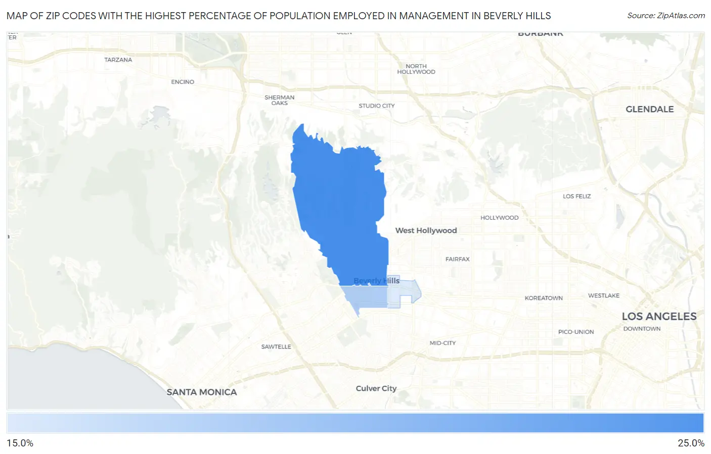 Zip Codes with the Highest Percentage of Population Employed in Management in Beverly Hills Map