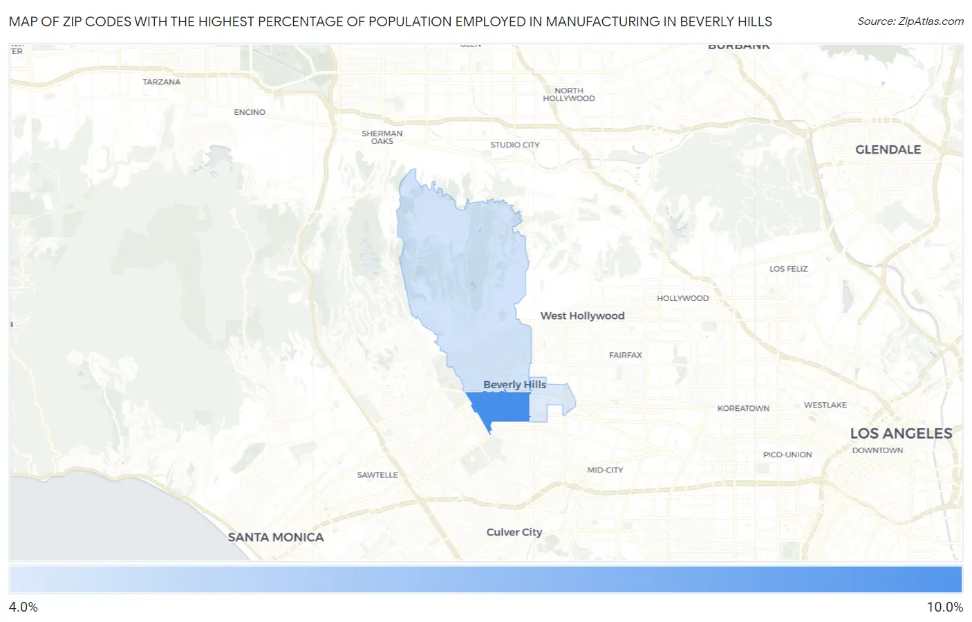 Zip Codes with the Highest Percentage of Population Employed in Manufacturing in Beverly Hills Map