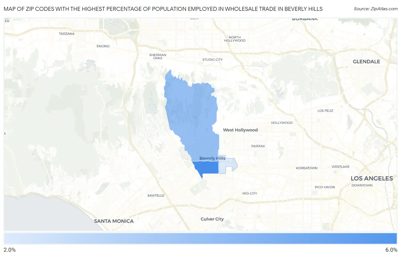 Zip Codes with the Highest Percentage of Population Employed in Wholesale Trade in Beverly Hills Map
