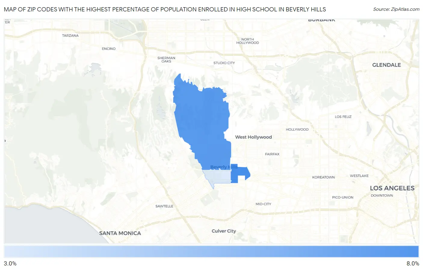 Zip Codes with the Highest Percentage of Population Enrolled in High School in Beverly Hills Map