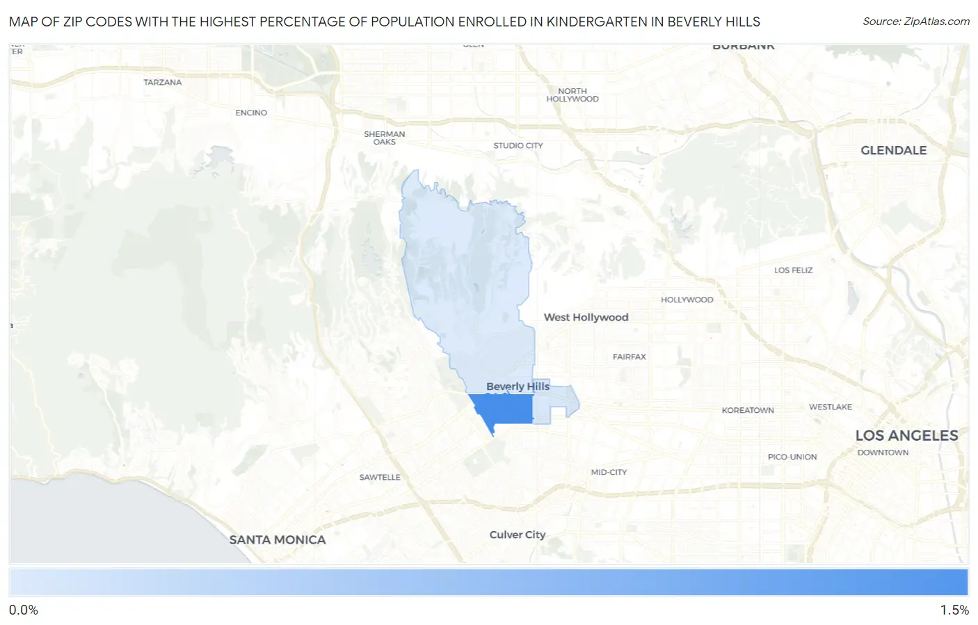 Zip Codes with the Highest Percentage of Population Enrolled in Kindergarten in Beverly Hills Map