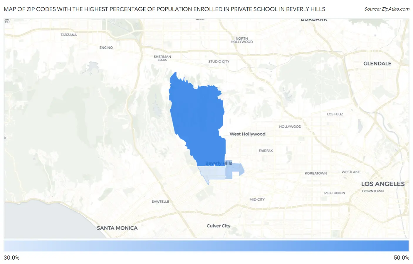 Zip Codes with the Highest Percentage of Population Enrolled in Private School in Beverly Hills Map