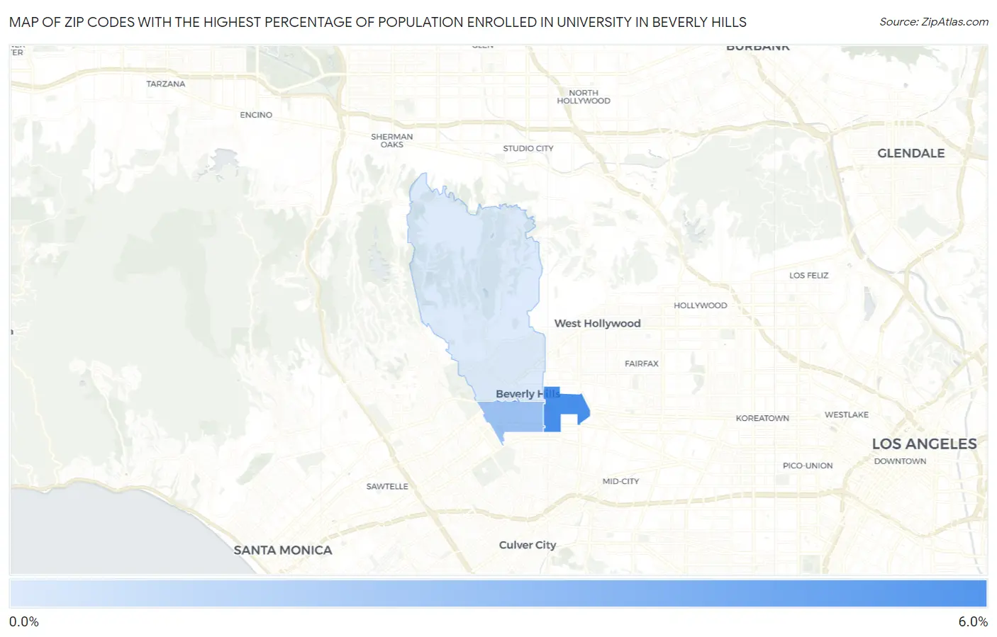 Zip Codes with the Highest Percentage of Population Enrolled in University in Beverly Hills Map