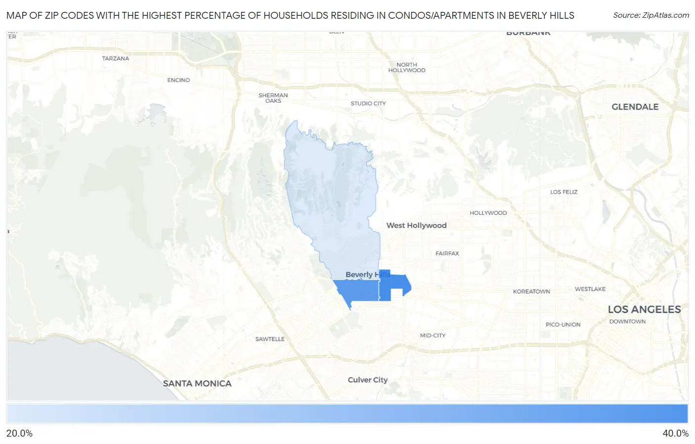 Zip Codes with the Highest Percentage of Households Residing in Condos/Apartments in Beverly Hills Map
