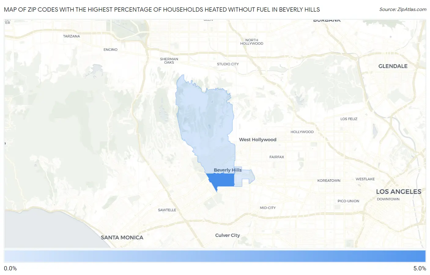 Zip Codes with the Highest Percentage of Households Heated without Fuel in Beverly Hills Map
