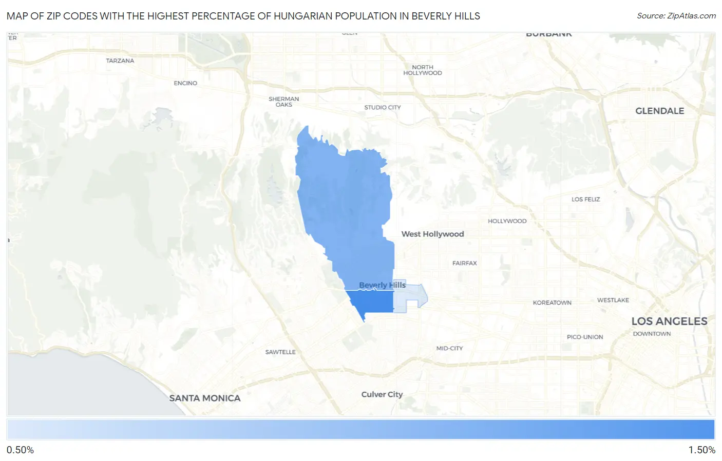 Zip Codes with the Highest Percentage of Hungarian Population in Beverly Hills Map