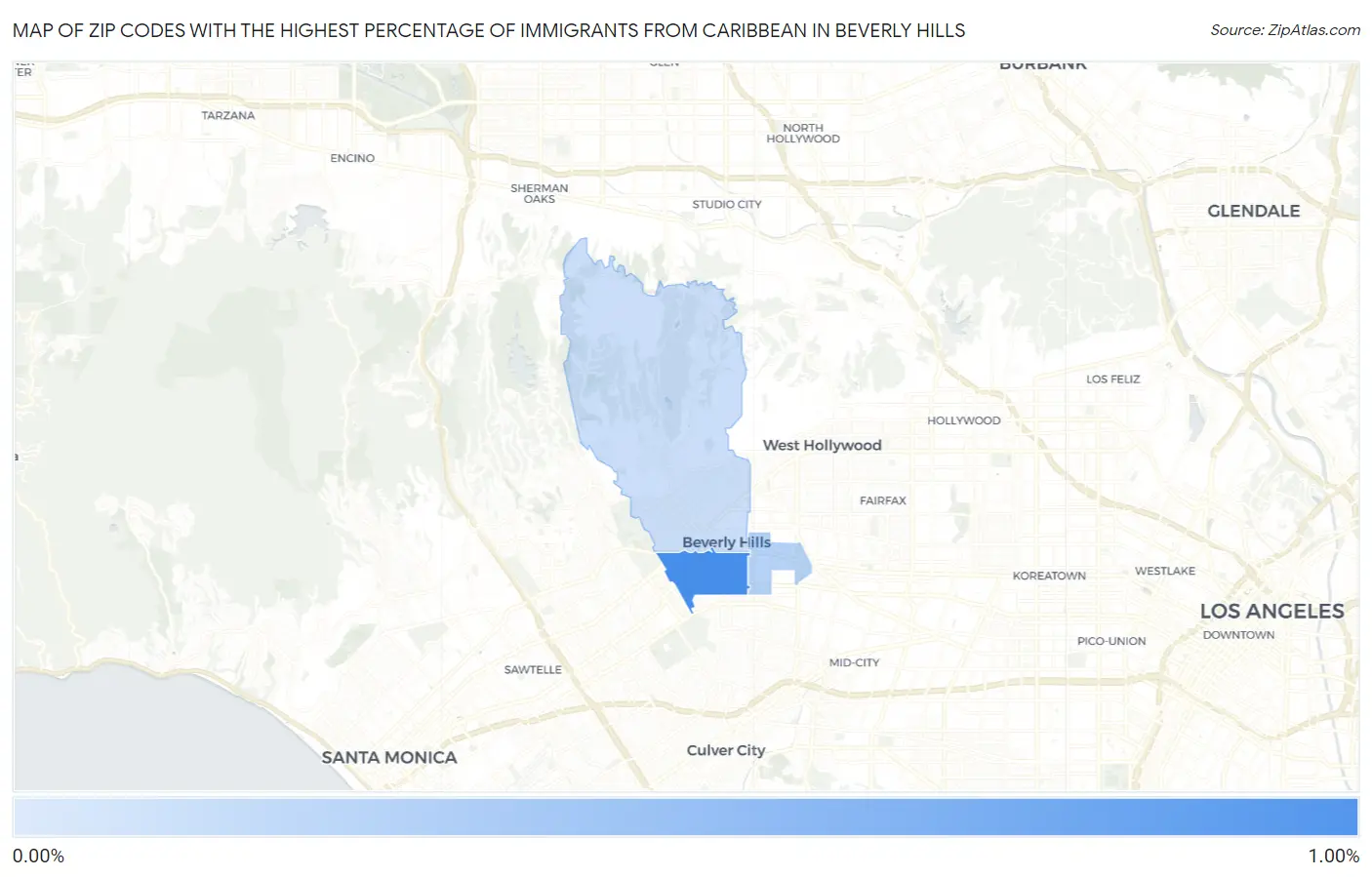 Zip Codes with the Highest Percentage of Immigrants from Caribbean in Beverly Hills Map