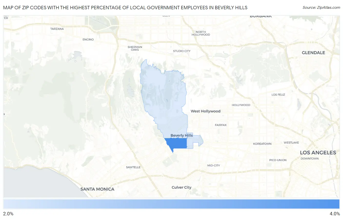 Zip Codes with the Highest Percentage of Local Government Employees in Beverly Hills Map