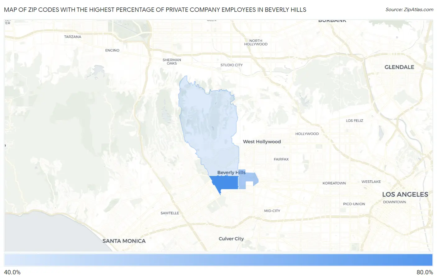 Zip Codes with the Highest Percentage of Private Company Employees in Beverly Hills Map