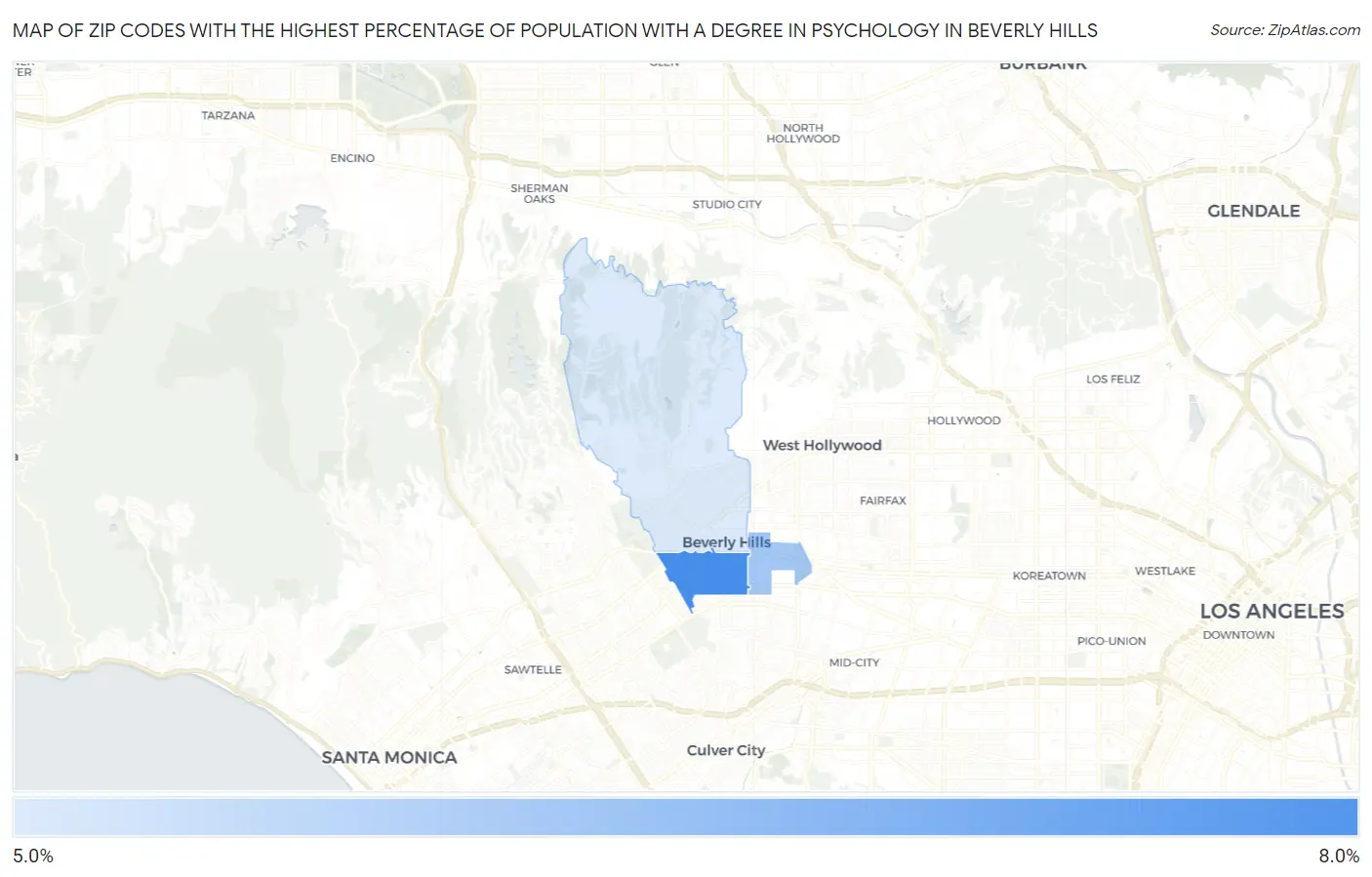 Zip Codes with the Highest Percentage of Population with a Degree in Psychology in Beverly Hills Map