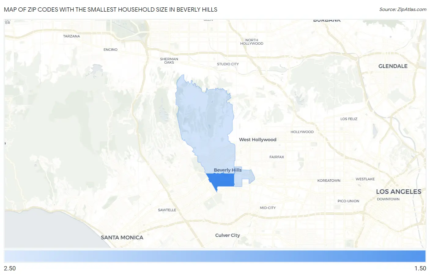 Zip Codes with the Smallest Household Size in Beverly Hills Map