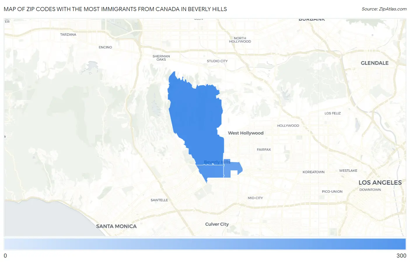 Zip Codes with the Most Immigrants from Canada in Beverly Hills Map