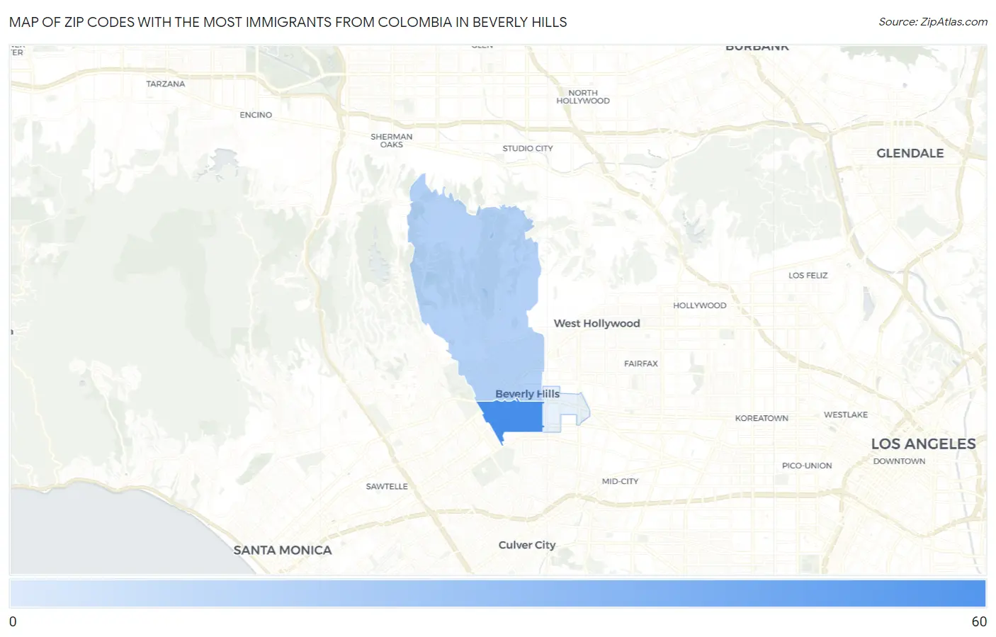 Zip Codes with the Most Immigrants from Colombia in Beverly Hills Map