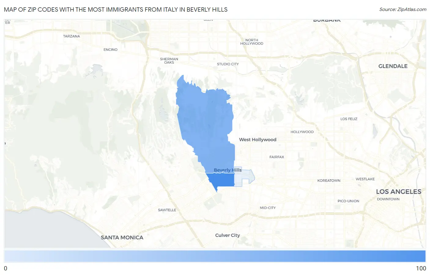 Zip Codes with the Most Immigrants from Italy in Beverly Hills Map