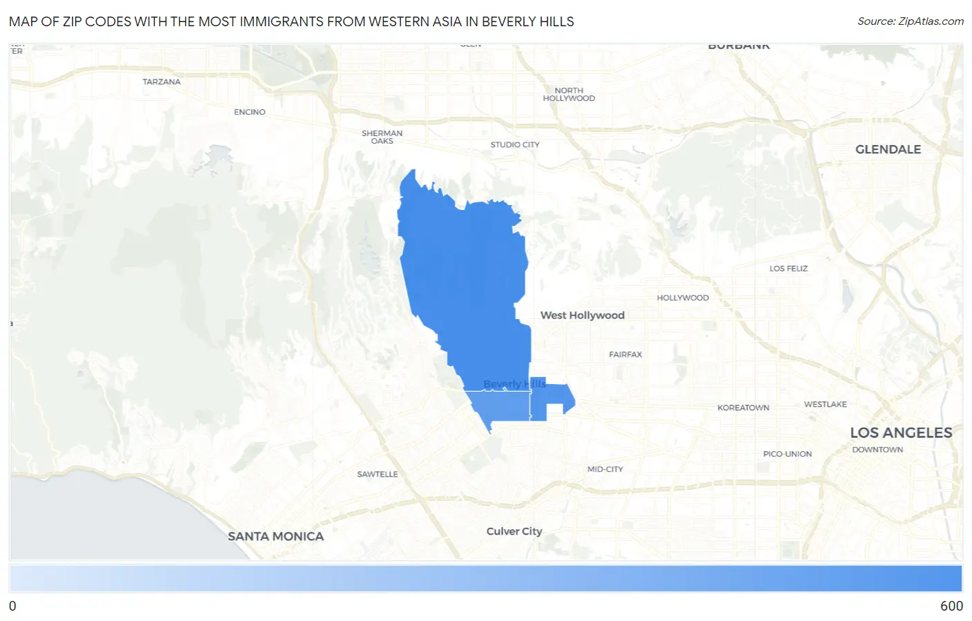 Zip Codes with the Most Immigrants from Western Asia in Beverly Hills Map