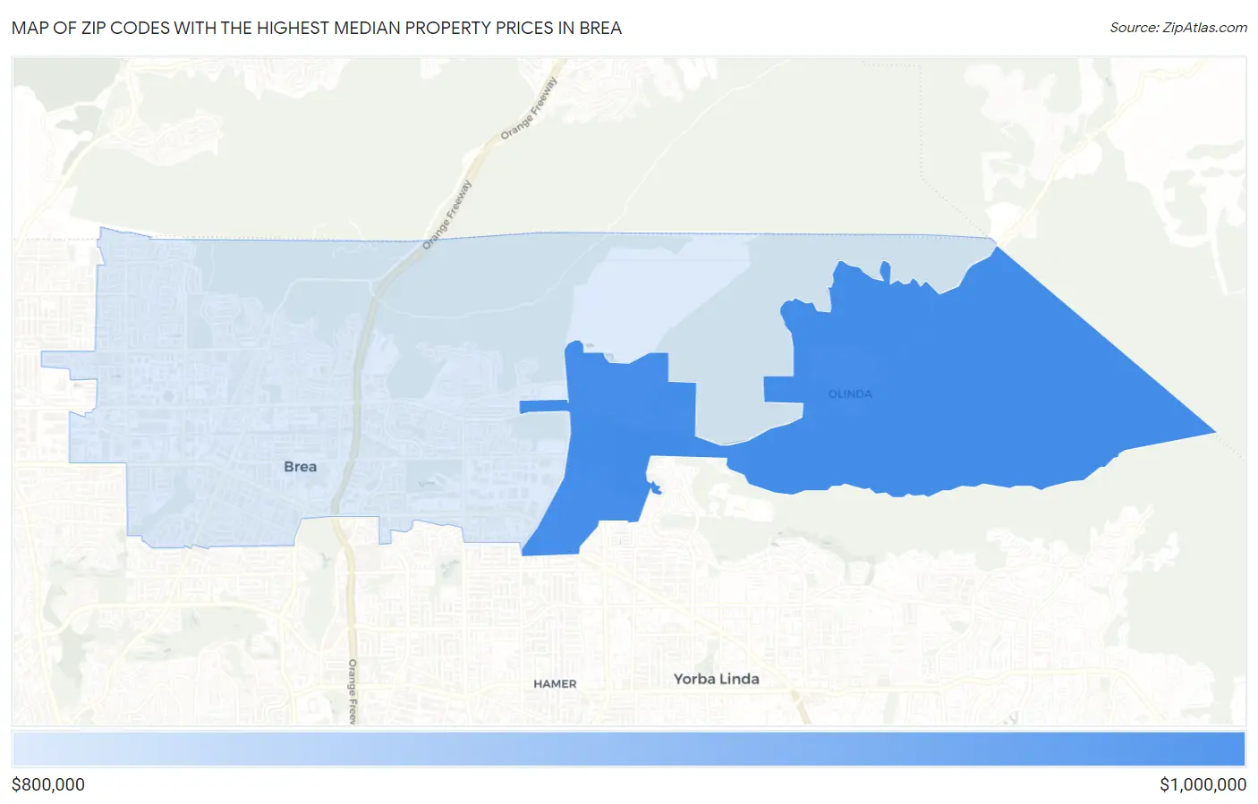 Zip Codes with the Highest Median Property Prices in Brea Map