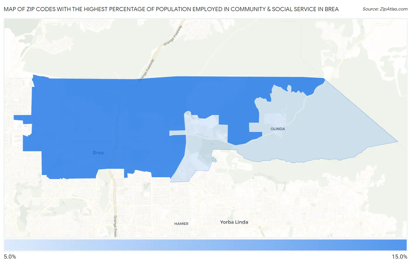 Zip Codes with the Highest Percentage of Population Employed in Community & Social Service  in Brea Map