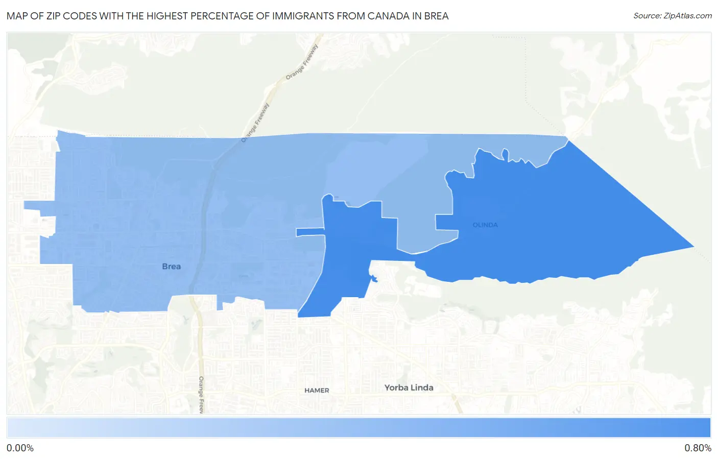 Zip Codes with the Highest Percentage of Immigrants from Canada in Brea Map