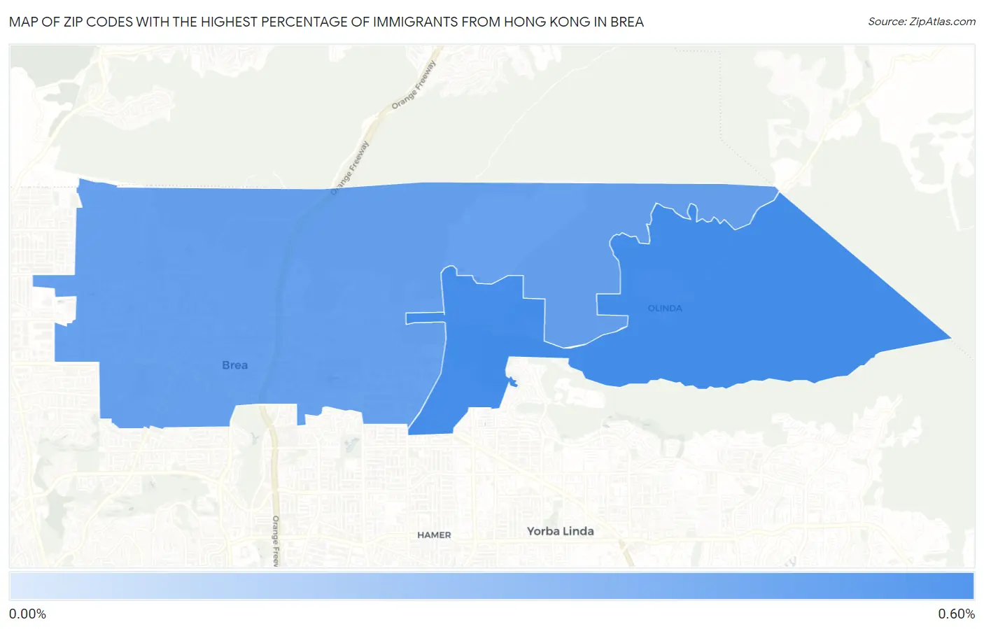 Zip Codes with the Highest Percentage of Immigrants from Hong Kong in Brea Map