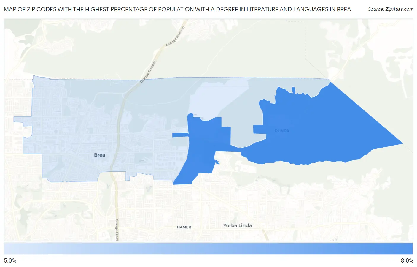 Zip Codes with the Highest Percentage of Population with a Degree in Literature and Languages in Brea Map