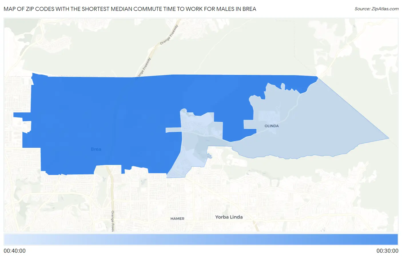Zip Codes with the Shortest Median Commute Time to Work for Males in Brea Map