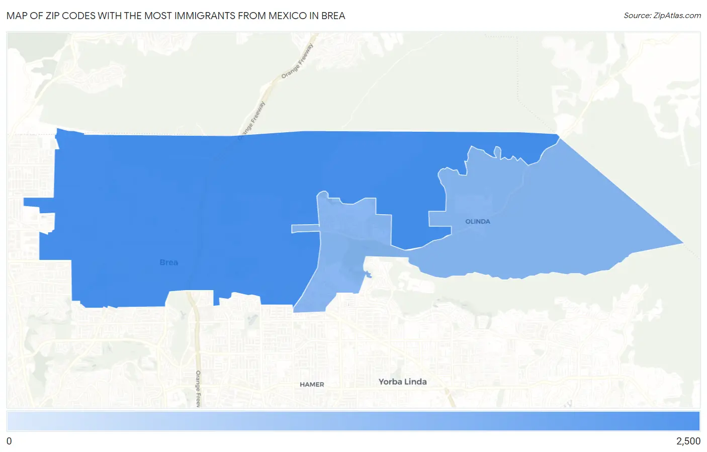 Zip Codes with the Most Immigrants from Mexico in Brea Map