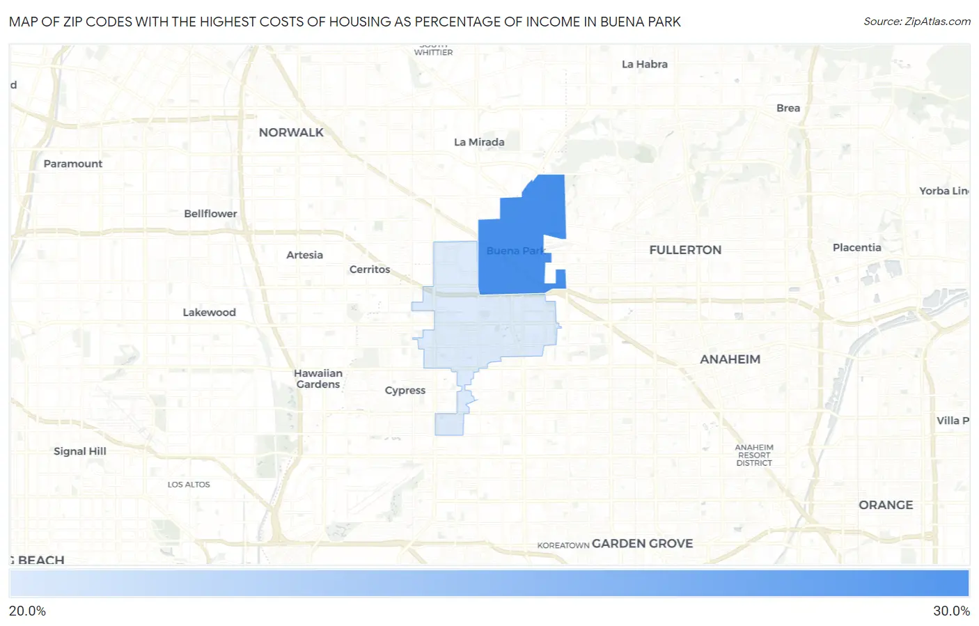 Zip Codes with the Highest Costs of Housing as Percentage of Income in Buena Park Map