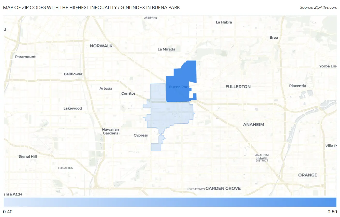 Zip Codes with the Highest Inequality / Gini Index in Buena Park Map