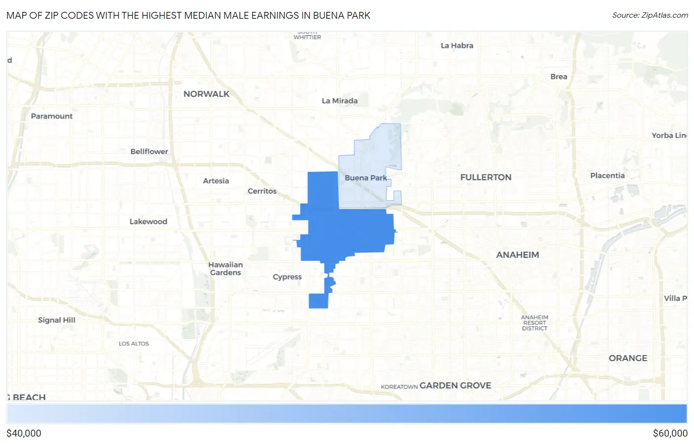 Zip Codes with the Highest Median Male Earnings in Buena Park Map