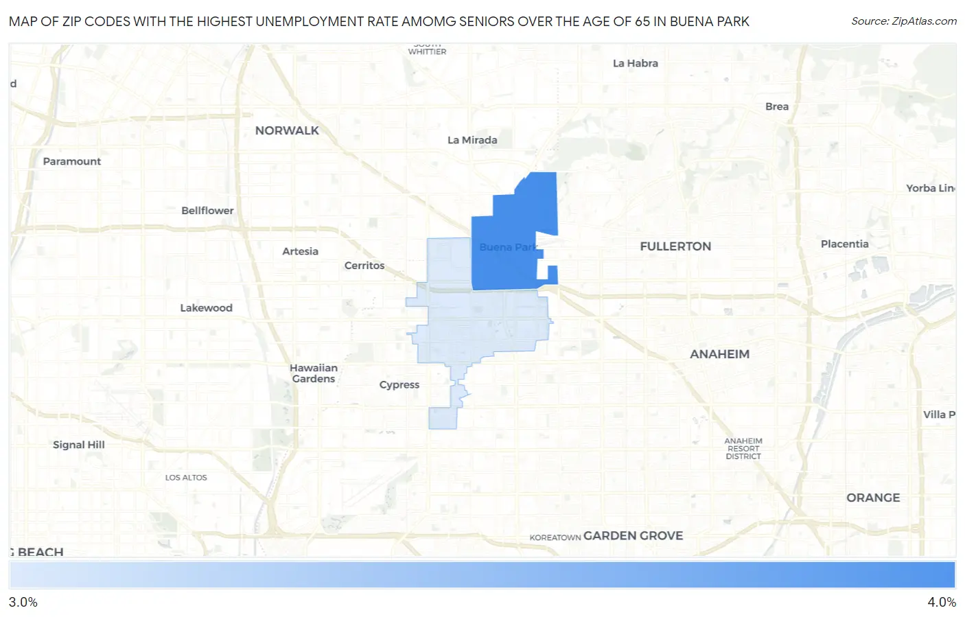 Zip Codes with the Highest Unemployment Rate Amomg Seniors Over the Age of 65 in Buena Park Map