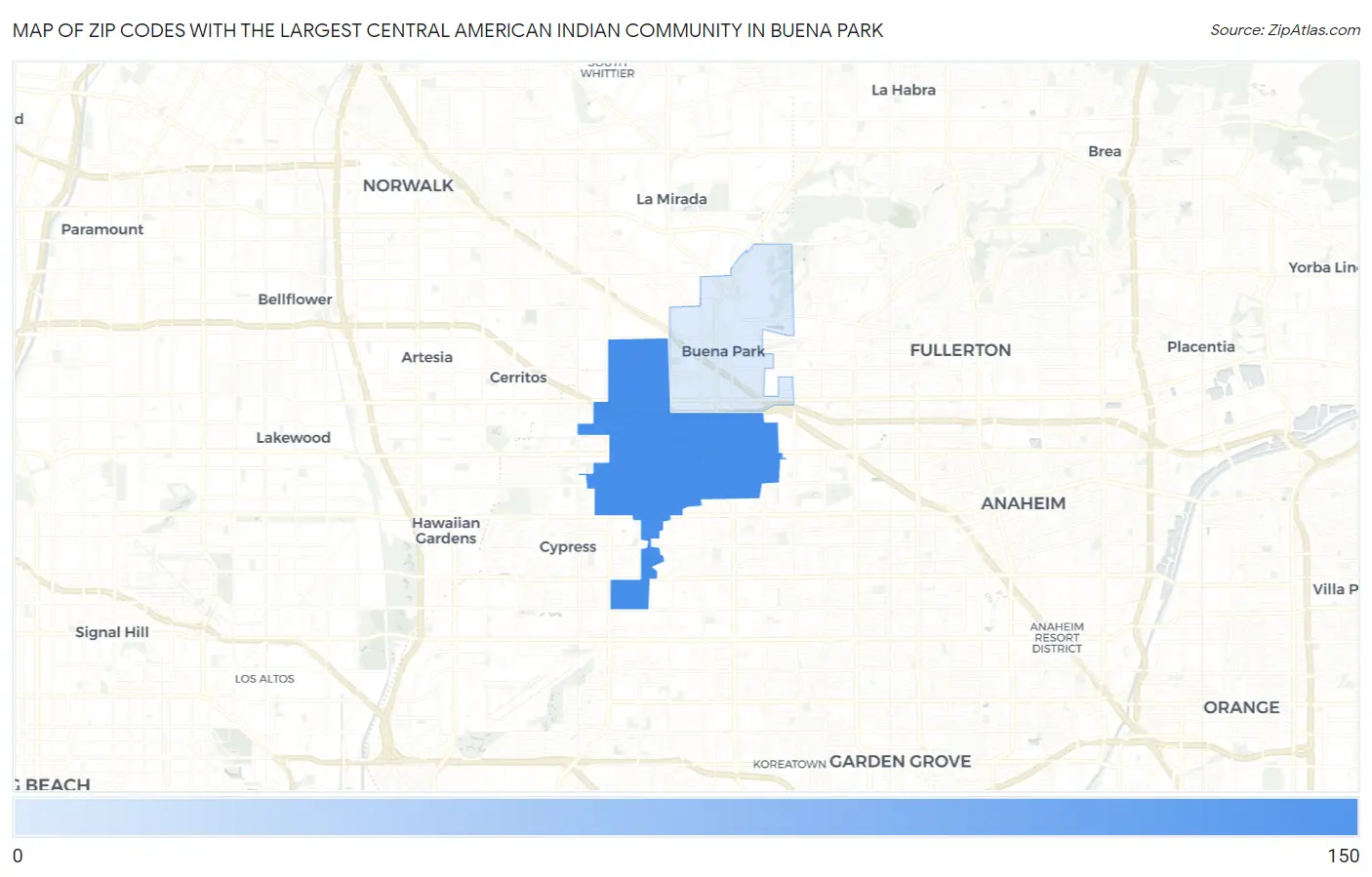 Zip Codes with the Largest Central American Indian Community in Buena Park Map