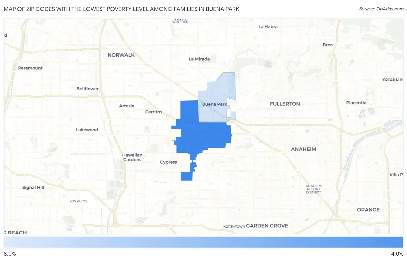 Zip Codes with the Lowest Poverty Level Among Families in Buena Park Map