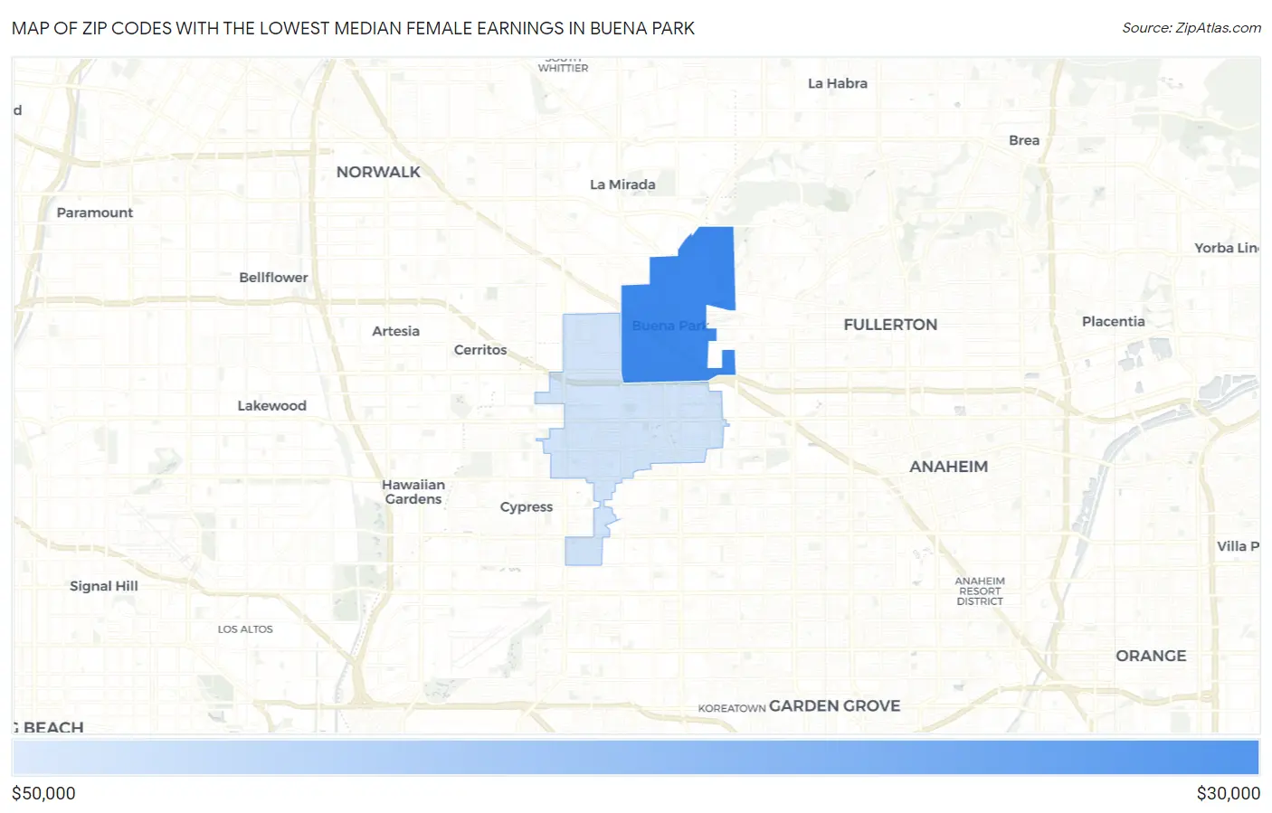 Zip Codes with the Lowest Median Female Earnings in Buena Park Map
