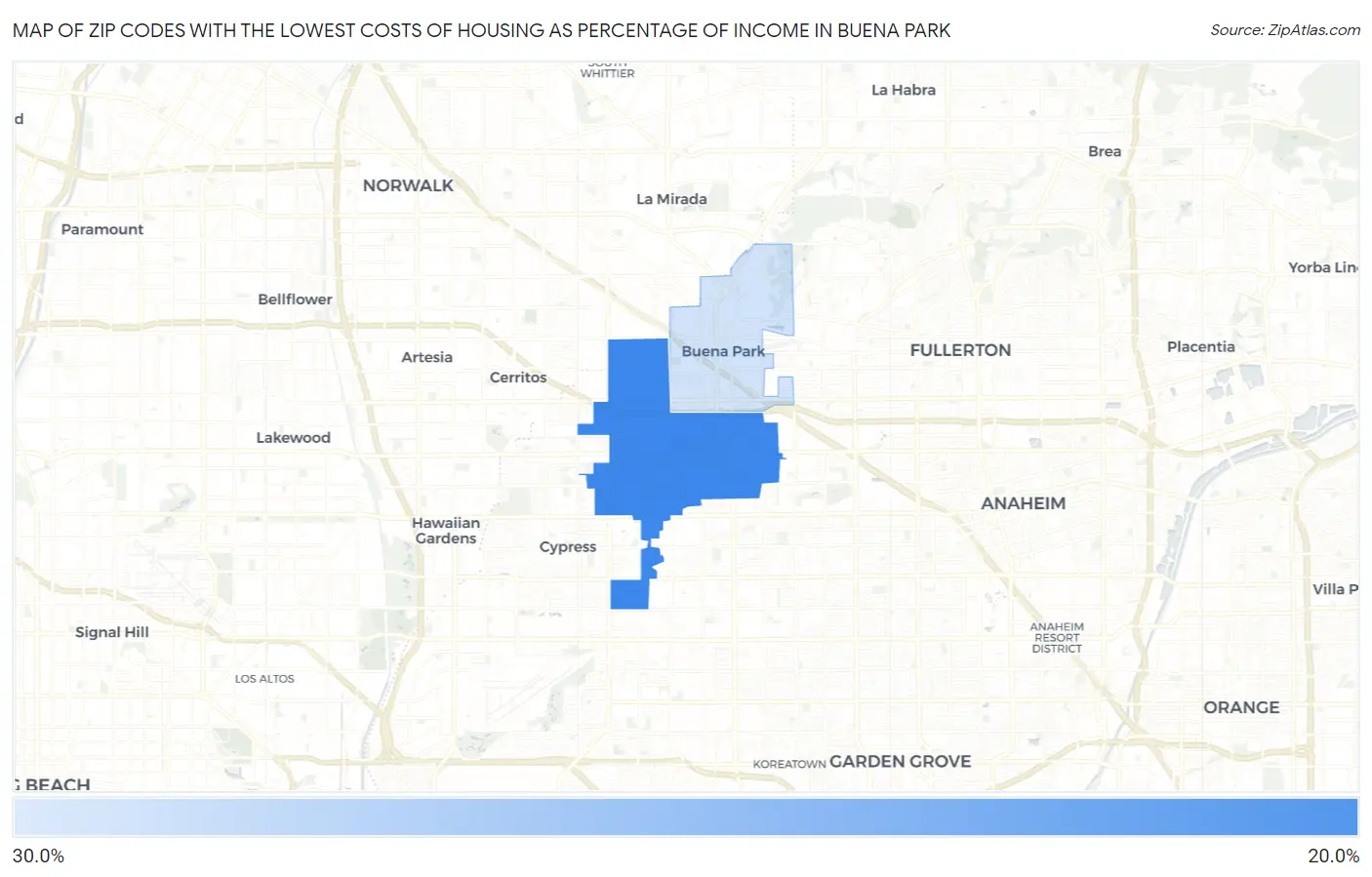 Zip Codes with the Lowest Costs of Housing as Percentage of Income in Buena Park Map