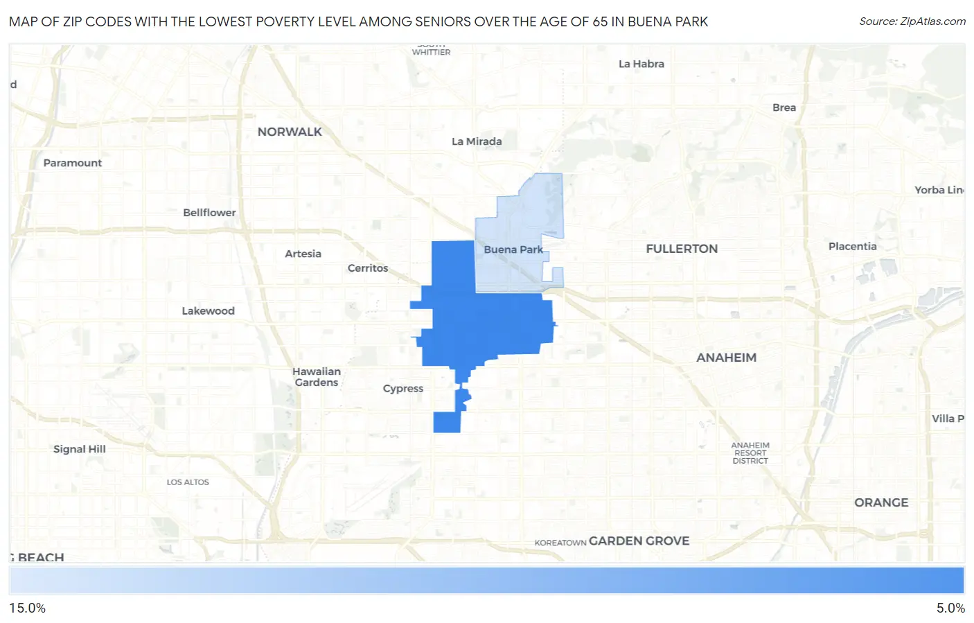Zip Codes with the Lowest Poverty Level Among Seniors Over the Age of 65 in Buena Park Map