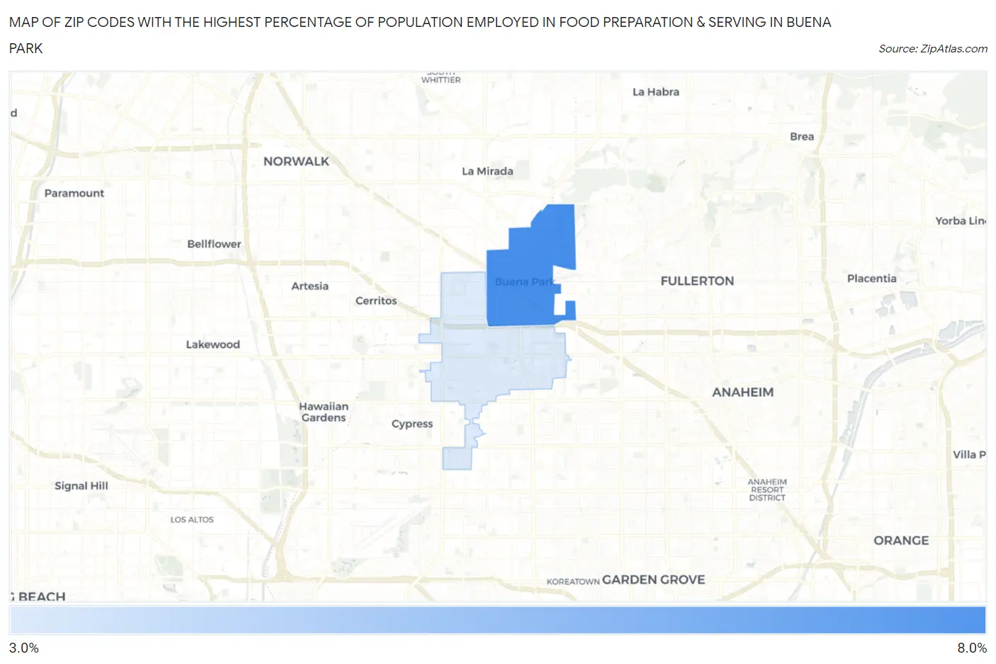 Zip Codes with the Highest Percentage of Population Employed in Food Preparation & Serving in Buena Park Map