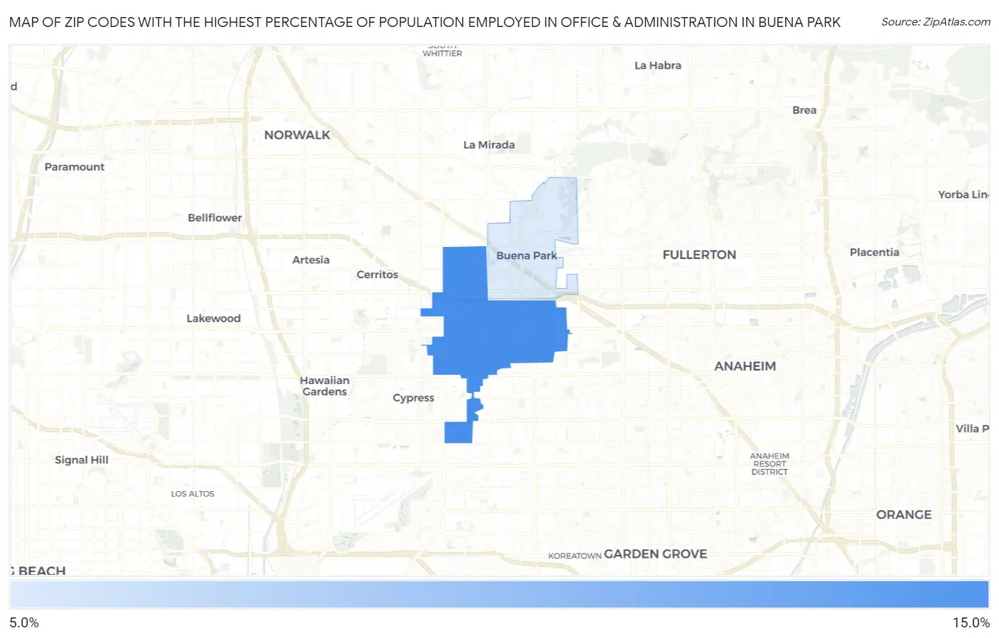 Zip Codes with the Highest Percentage of Population Employed in Office & Administration in Buena Park Map