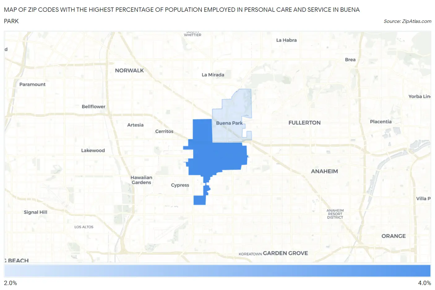 Zip Codes with the Highest Percentage of Population Employed in Personal Care and Service in Buena Park Map