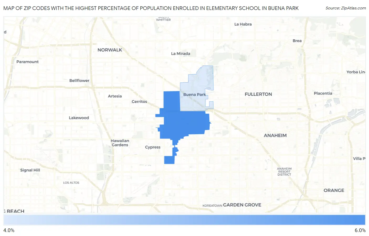 Zip Codes with the Highest Percentage of Population Enrolled in Elementary School in Buena Park Map