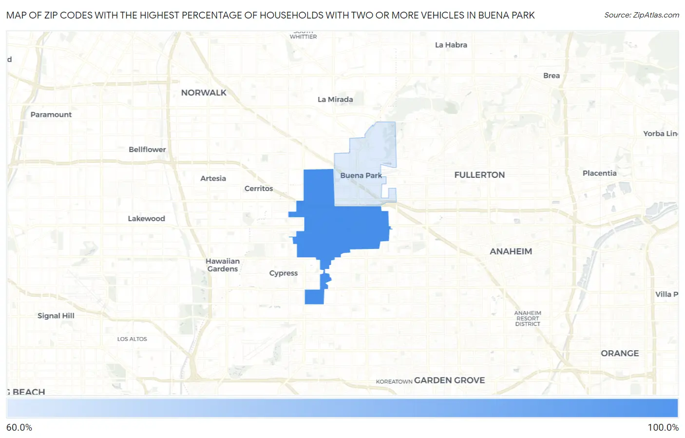 Zip Codes with the Highest Percentage of Households With Two or more Vehicles in Buena Park Map
