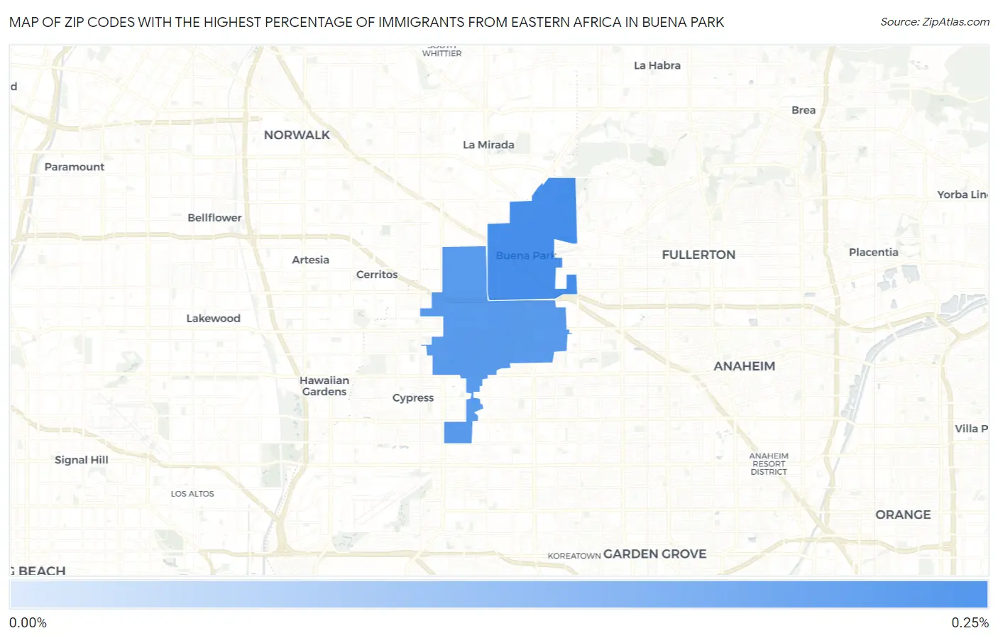 Zip Codes with the Highest Percentage of Immigrants from Eastern Africa in Buena Park Map