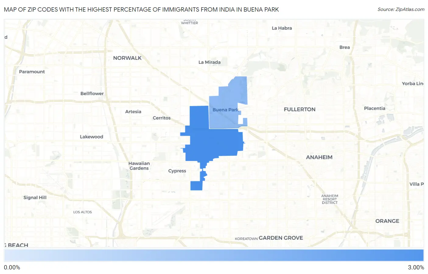 Zip Codes with the Highest Percentage of Immigrants from India in Buena Park Map