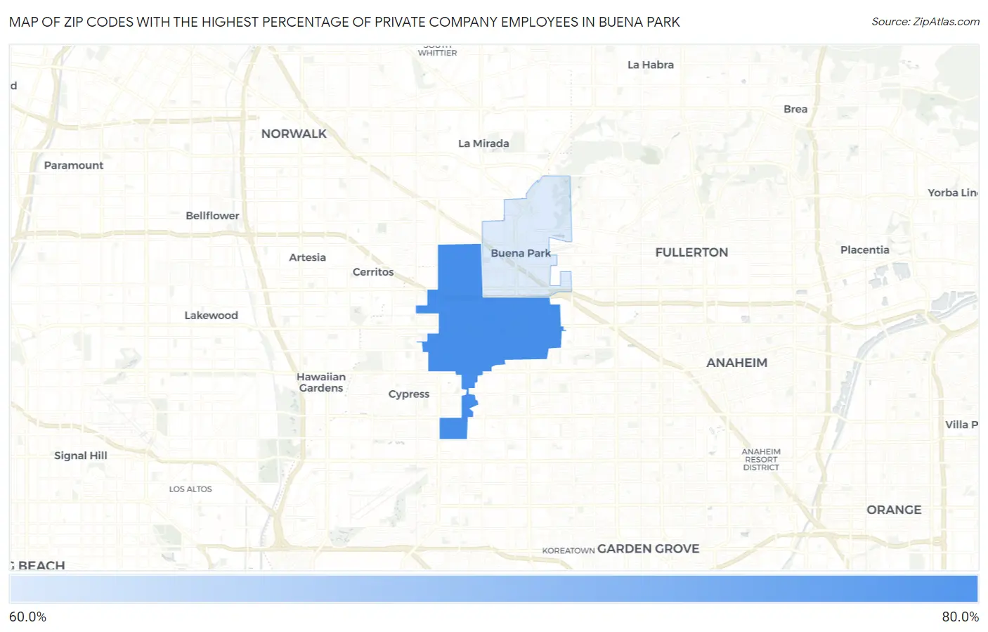 Zip Codes with the Highest Percentage of Private Company Employees in Buena Park Map