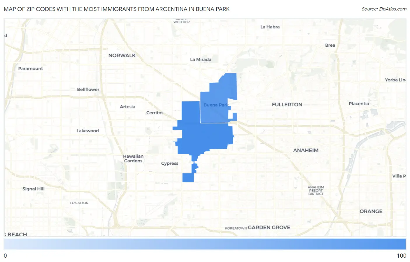 Zip Codes with the Most Immigrants from Argentina in Buena Park Map