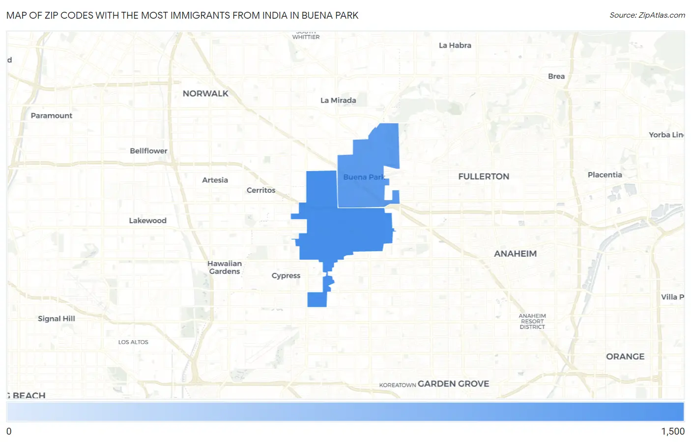 Zip Codes with the Most Immigrants from India in Buena Park Map