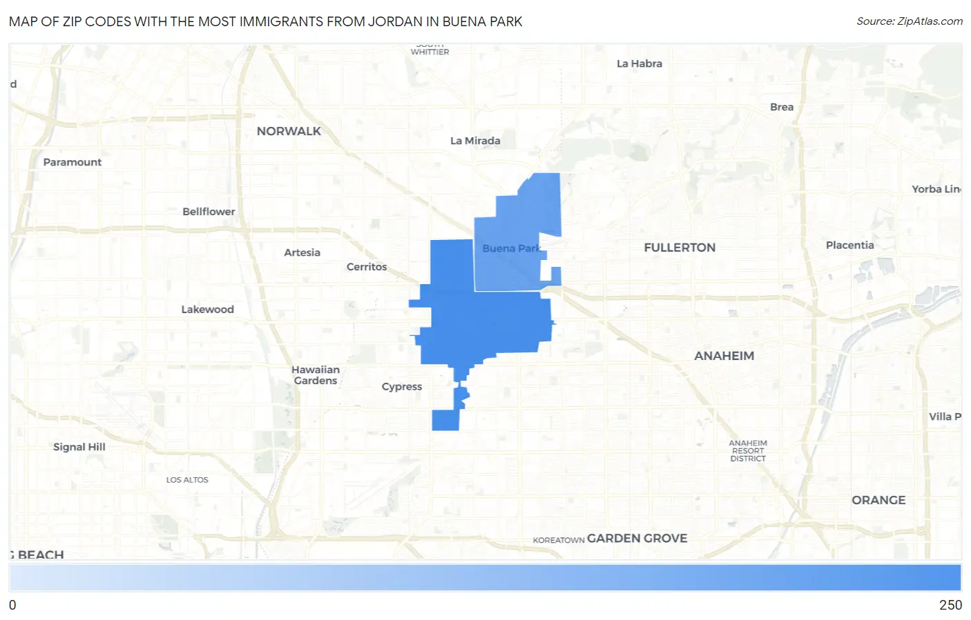 Zip Codes with the Most Immigrants from Jordan in Buena Park Map