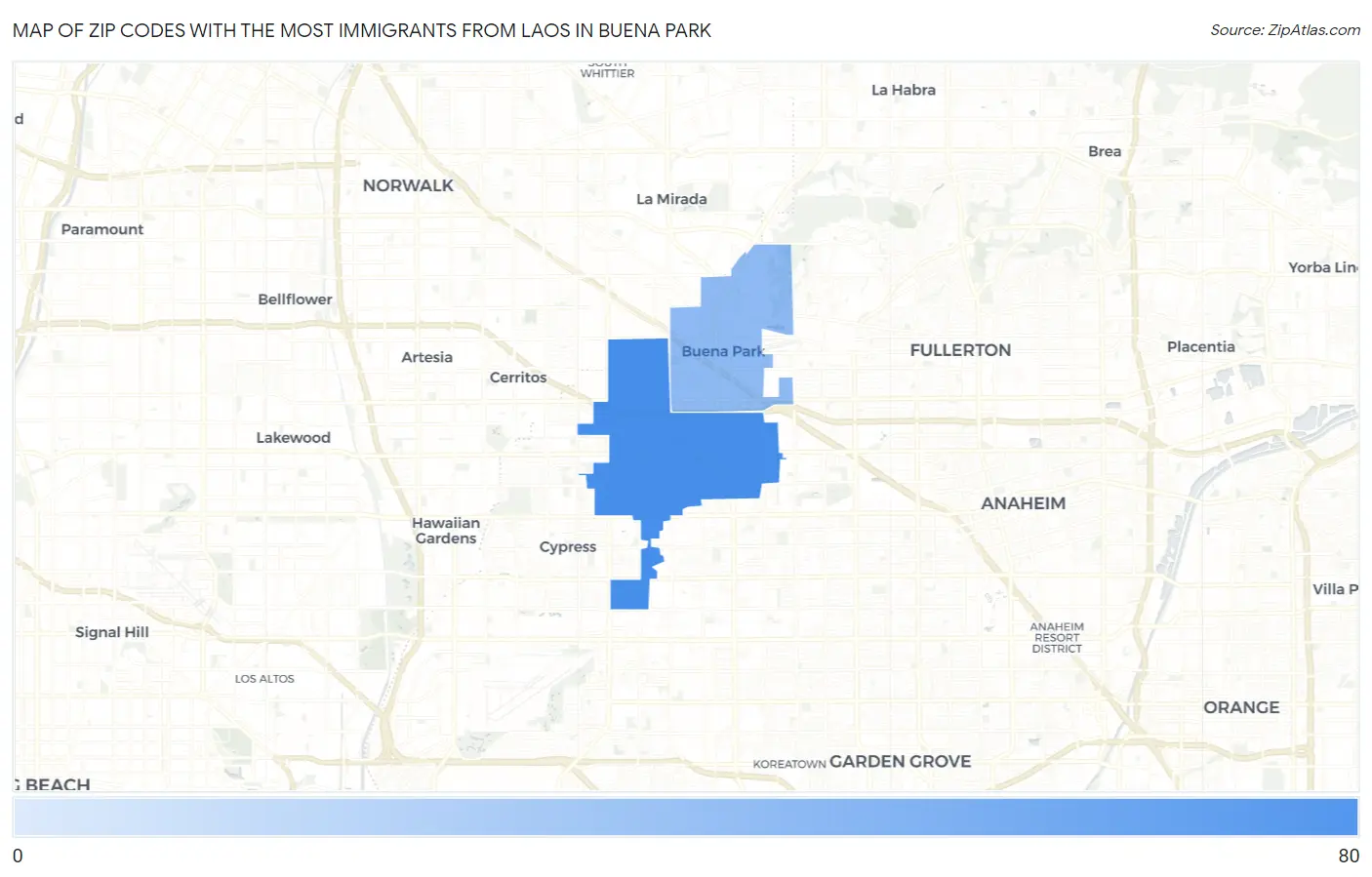 Zip Codes with the Most Immigrants from Laos in Buena Park Map