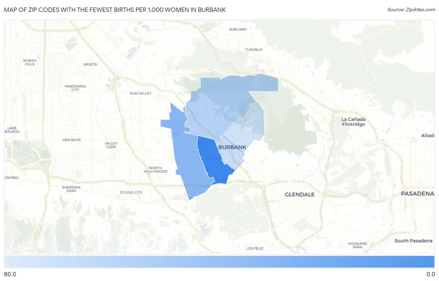 Zip Codes with the Fewest Births per 1,000 Women in Burbank Map