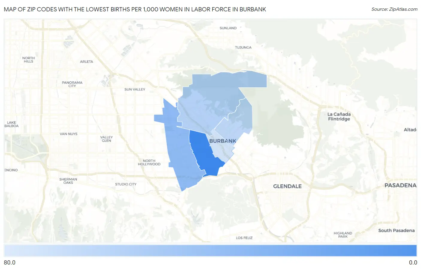 Zip Codes with the Lowest Births per 1,000 Women in Labor Force in Burbank Map